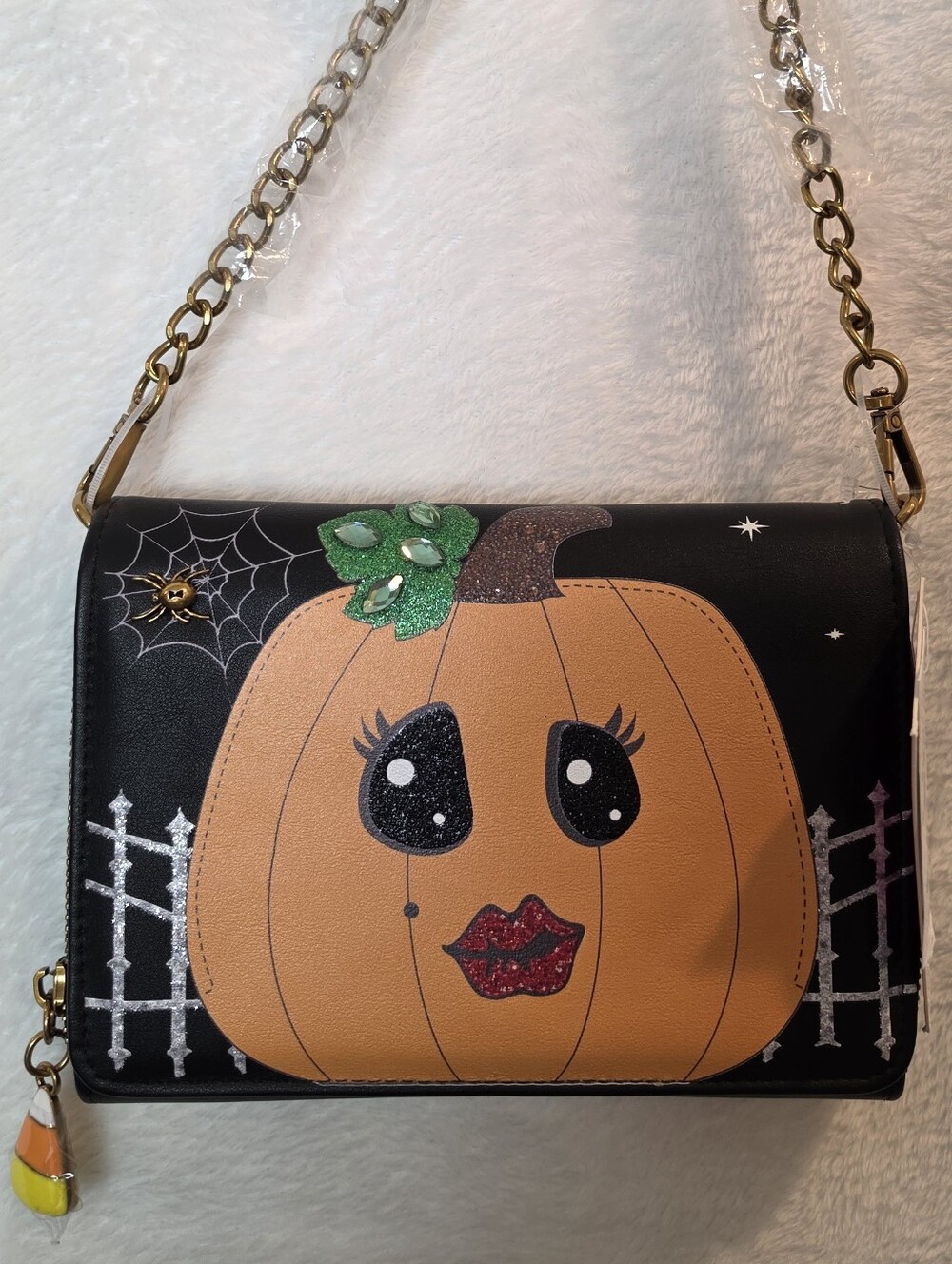 Betsey Johnson Pumpkin Girl Chain Crossbody Black With Chain Strap Halloween